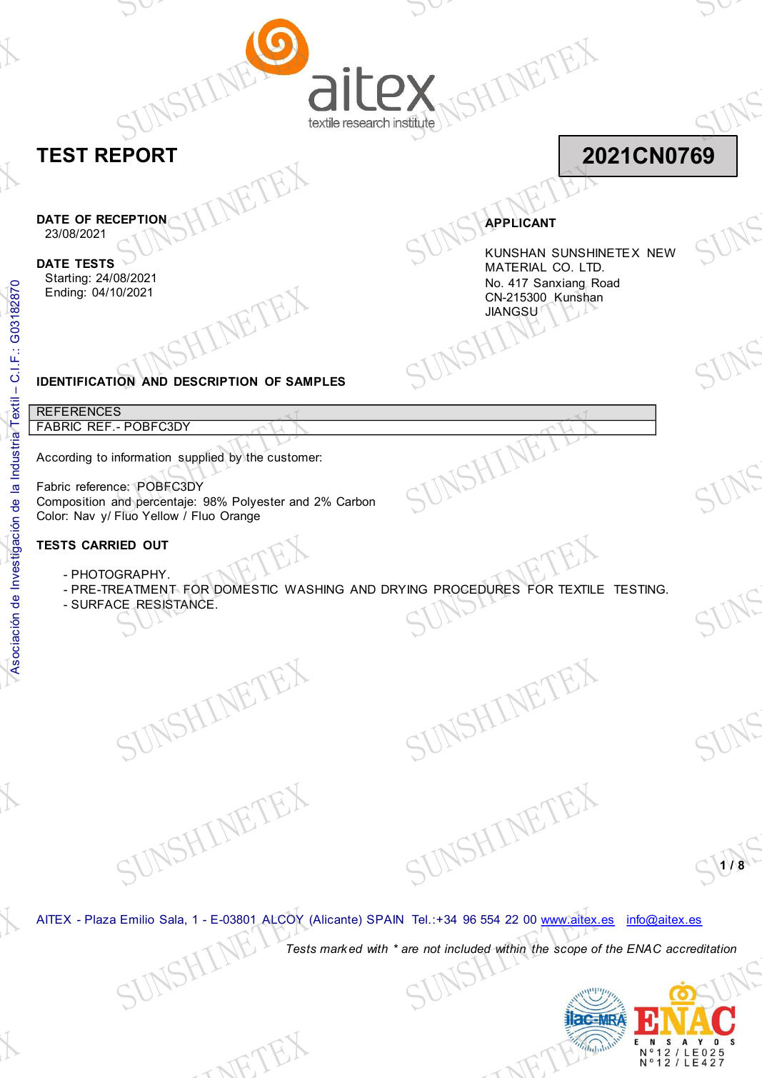 EN1149-1 Fabric POBFC3DY test report in 3 color 2021CN0769-Sunshinetex